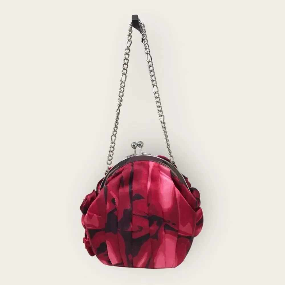 WHBM Rose Embellished Clutch Purse Small Pink & Red Floral Satin Handbag - Picture 4 of 9